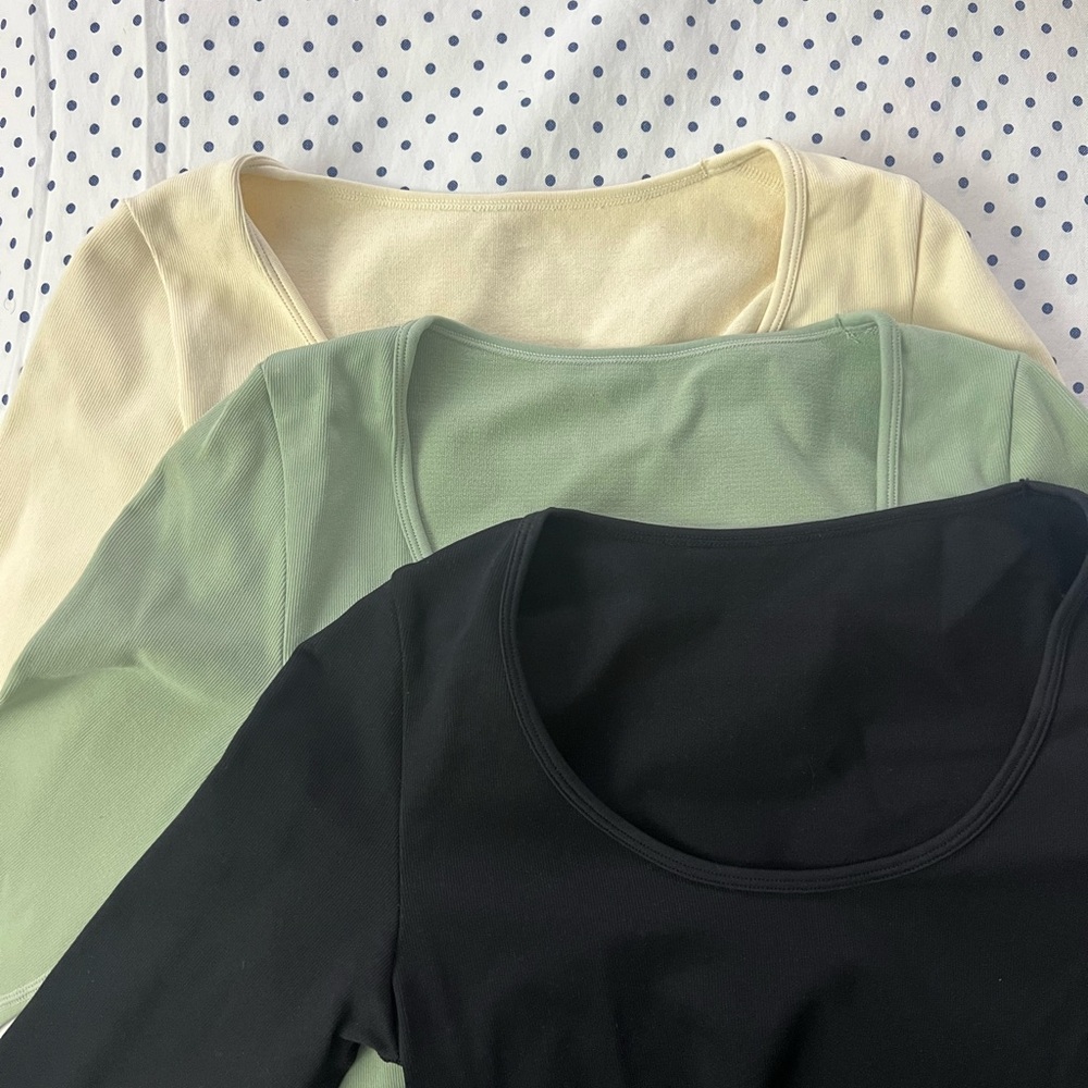 OQQ | Women’s 3 Piece Beige, Green and Black Crop Tops with Round Neckline